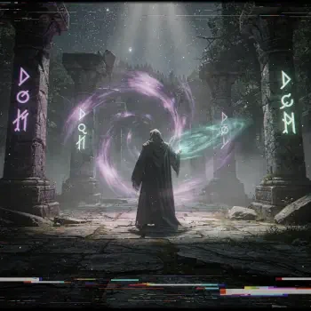 Fantasy forum avatar: hooded mage in a ruined temple conjures a swirling purple-green portal, flanked by glowing runes carved into ancient stone pillars.