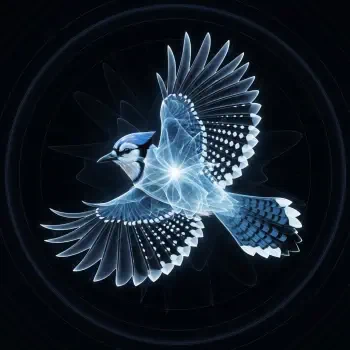 Stylized glowing blue jay in mid-flight with geometric, translucent wings against a dark circular background — forum avatar/pfp.