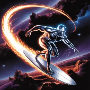 Forum avatar of the Silver Surfer riding a gleaming surfboard through space, leaving a fiery, luminous arc against colorful nebulae and stars.