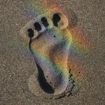 Bare footprint pressed into sand with an iridescent rainbow sheen, used as a forum avatar/pfp.
