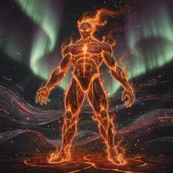 Forum avatar of a fire elemental: a towering molten humanoid with flaming hair and embers, set against swirling aurora-lit skies.