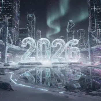 Forum avatar/pfp: glowing translucent 2026 numerals set in a futuristic icy cityscape with aurora-like lights and a reflective wet surface.