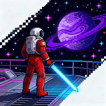 Pixel art forum avatar/pfp of an astronaut in a red suit holding a glowing blue energy blade on a platform, gazing at a purple ringed planet and starry sky.