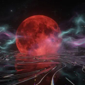 Forum avatar showing a crimson moon rising over a reflective, rippling cosmic surface with teal nebula wisps.