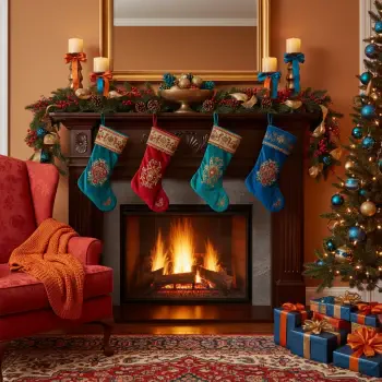 Forum avatar/pfp: Christmas fireplace scene with stockings on a decorated mantel, a warm glowing hearth, nearby tree and wrapped presents.