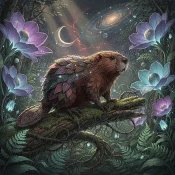 Whimsical beaver with leaf-like fur on a mossy branch, surrounded by glowing flowers and a starry crescent sky — stylized forum avatar/pfp.
