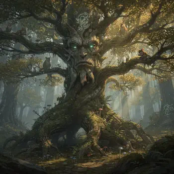 Forum avatar/pfp: ancient treant with a carved, expressive face and glowing green eyes, gnarled limbs and root-legs rising from a misty forest, small birds perched on its branches.