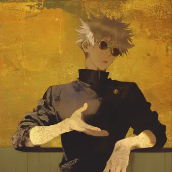 Forum avatar: stylized anime portrait of Satoru Gojo (Jujutsu Kaisen) — blond-haired young man in round dark glasses and high-collar black outfit, hands posed against a textured gold background.