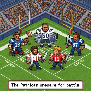 Forum avatar/pfp showing pixel-art New England Patriots–themed cartoon players on a stadium field with footballs, shields and swords; caption reads The Patriots prepare for battle!