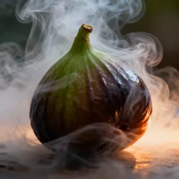 Forum avatar / pfp / profile photo: close-up of a ripe fig wrapped in swirling smoke, warm backlight highlighting its glossy skin.