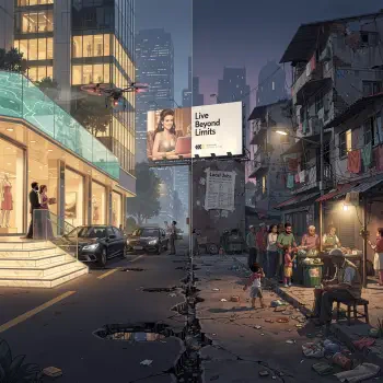 Forum avatar/profile photo: split-city illustration of inequality — gleaming glass towers and luxury cars on left, crumbling slums with vendors and children on right, a deep fissure dividing them.