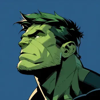 Comic Avengers Hulk forum avatar/pfp: green Hulk in strong-profile portrait, bold inked style and determined gaze against a flat blue background.
