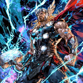 Comic-style Avengers Thor wielding Mjölnir with crackling lightning and bold colors — stylized forum avatar/pfp.