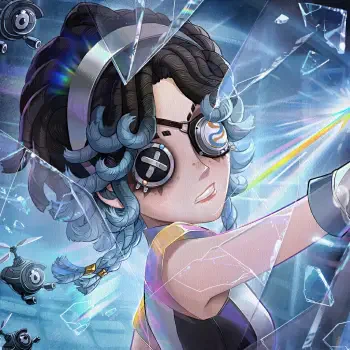 Identity V forum avatar/pfp: blue‑haired character with braided coils, mechanical eyepiece and headphones, reaching through shattered glass with rainbow light reflections.