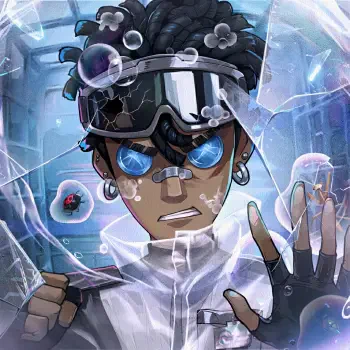 Identity V video game forum avatar: dark-skinned character with cracked goggles, glowing blue eyes, floating bubbles and a hand pressed to icy, cracked glass.