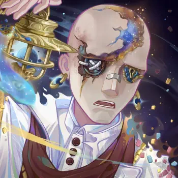 Identity V video game forum avatar: cracked bald character with a mechanical eye and exposed cosmic brain, wearing vintage clothes and holding a lantern.