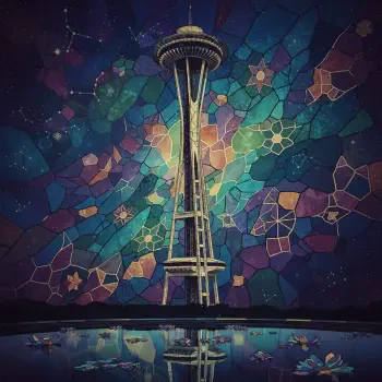 Artistic Space Needle against a stained-glass night sky with floral motifs and mirrored water reflection — forum avatar/pfp of the Seattle landmark.