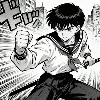 Black & white manga-style pfp: determined schoolboy in a sailor uniform, fist raised and sword drawn against a dynamic city backdrop.