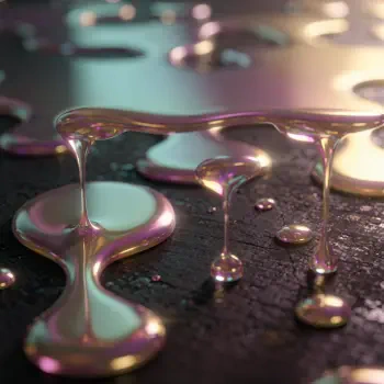 Forum avatar showing iridescent metallic liquid melting and dripping into glossy puddles on a dark textured surface.