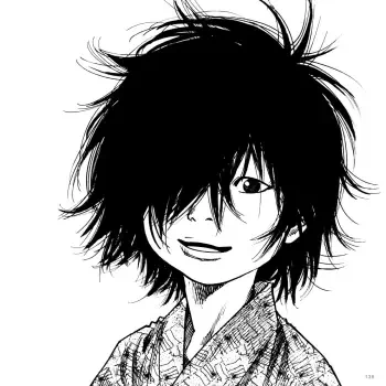 Black-and-white manga avatar/pfp of Sasaki Kojirou (Vagabond): a smiling young boy with messy dark hair partially covering one eye.