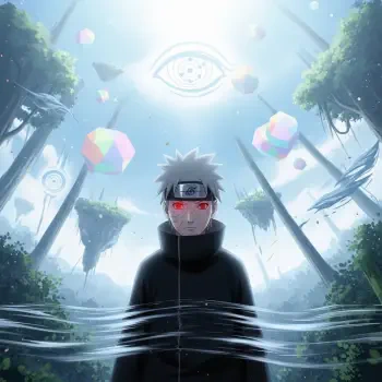 Forum avatar/pfp of Obito Uchiha with red Sharingan eyes and dark cloak, standing in water amid a surreal forest of floating islands and a giant eye in the sky.
