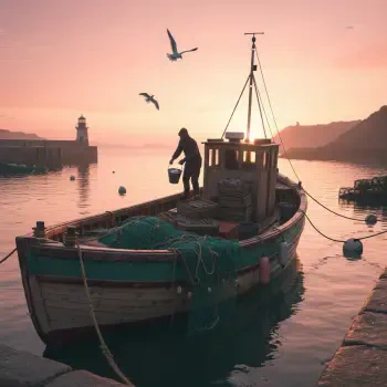 Forum avatar: fishing boat at sunset with a silhouetted fisher on deck, nets and buoys, seagulls overhead and a distant lighthouse.