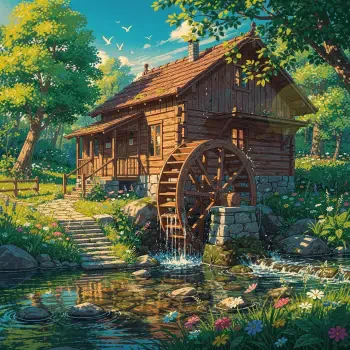 Forum avatar/pfp: illustrated wooden watermill beside a sunlit pond, surrounded by lush trees and blooming flowers, the waterwheel gently splashing.