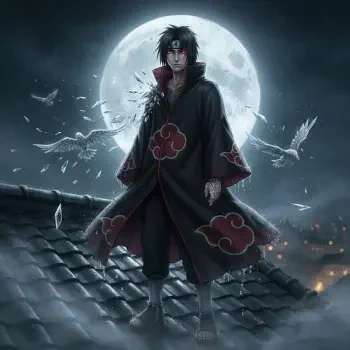 Forum avatar/profile photo of Itachi Uchiha on a rooftop beneath a full moon, wearing his Akatsuki cloak as crows swirl around him.