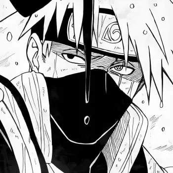 Black-and-white manga forum avatar of Kakashi Hatake from Naruto: masked close-up, Konoha forehead protector and visible Sharingan in his eye.