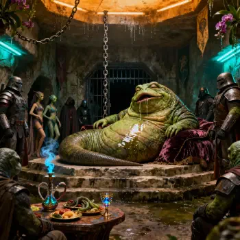 Forum avatar/pfp of Jabba the Hutt reclining on a stone dais in a dim, ornate lair, draped cushions and trinkets around him, flanked by armored guards and attendants.