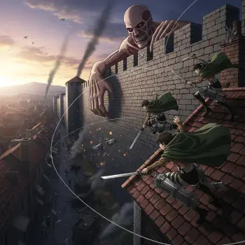Forum avatar/profile picture: Attack on Titan — Survey Corps in green cloaks launch from rooftops with ODM gear toward a Colossal Titan looming over a burning city wall.