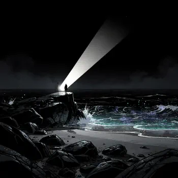 Dark forum avatar/pfp: silhouette on a rocky cliff shines a strong beam across a stormy, luminescent night sea under a black sky.