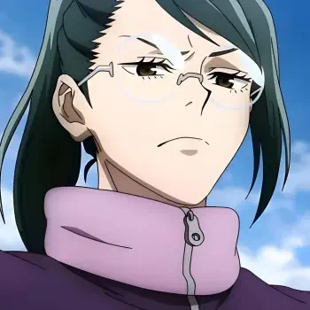 Forum avatar: close-up of Maki Zenin (Jujutsu Kaisen) wearing rimless glasses and a high-collared jacket, stoic expression against a clear blue sky.