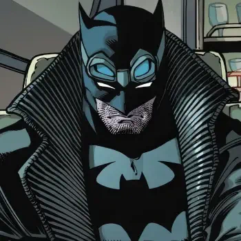 Comic-style Batman forum avatar: close-up of masked, bearded Batman in a heavy collar coat, glowing eyes and bold bat emblem, moody inked colors.