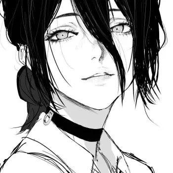 Monochrome manga-style portrait of Reze (Chainsaw Man), an anime girl with dark hair in a low ponytail, choker and soft smile — forum avatar/pfp.