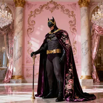 Forum avatar/pfp of Batman standing in an ornate pink ballroom, wearing a black suit with gold belt, floral velvet cape and mask, holding an ornate cane.