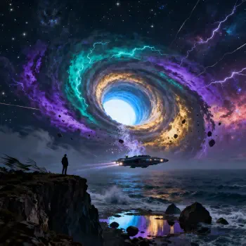 Forum avatar/pfp showing a glowing wormhole vortex over the ocean, a silhouetted figure on a cliff and a hovering spaceship beneath colorful skies.