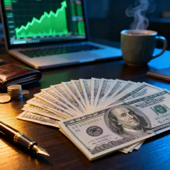 Forum profile avatar showing fanned US dollar bills on a desk with a laptop displaying a rising stock chart, a steaming coffee mug, coins, wallet and a pen.