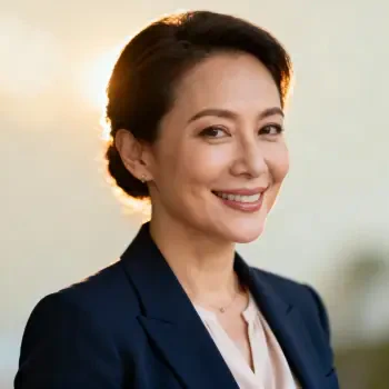 Profile forum avatar of a smiling professional woman with short dark hair, wearing a navy blazer and light blouse, warm backlighting.