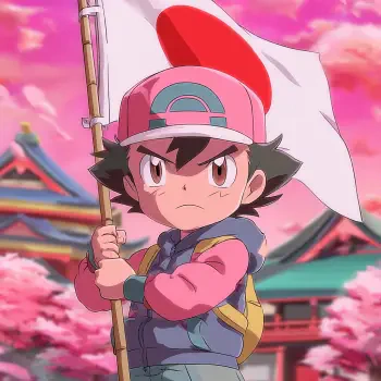 Chibi Ash Kabosu from Pokémon holding a white flag amid pink cherry blossoms with a Japan flag motif — anime-style forum avatar/pfp.
