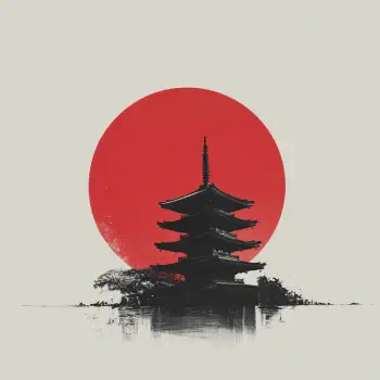 Minimal red-and-white forum avatar: black Japanese pagoda/dojo silhouette set against a bold red sun disk.