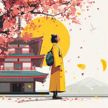Forum avatar: a girl in a yellow coat stands before a Japanese dojo beneath cherry blossoms and a golden sun, Mount Fuji faint on the horizon as petals drift around her.