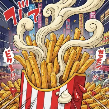 Vibrant cartoon forum avatar/pfp of steaming french fries bursting from a red-and-white carton amid neon city signs, comic sound effects and ketchup/mayo splashes.