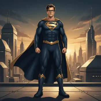 Forum avatar of Clark Kent as Superman, standing in an S-emblazoned suit and cape on a rooftop with a glowing futuristic city skyline at sunset.