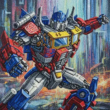 Vibrant forum avatar/pfp of an Autobot in a heroic pose, detailed metallic armor with a glowing cockpit chest against a colorful, streaked cityscape background.