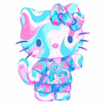 Hello Kitty forum avatar/pfp — marbled pink, blue and white Hello Kitty with a matching bow and outfit.