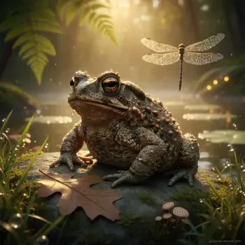 Forum avatar/pfp: a textured toad sits on a mossy rock by a sunlit pond, a dragonfly hovering nearby in a warm, enchanted forest scene.