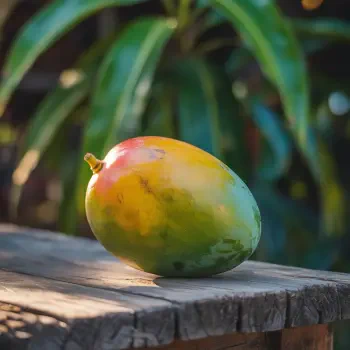 Forum avatar/pfp: a single ripe mango resting on a weathered wooden ledge with soft-focus green foliage in the background.