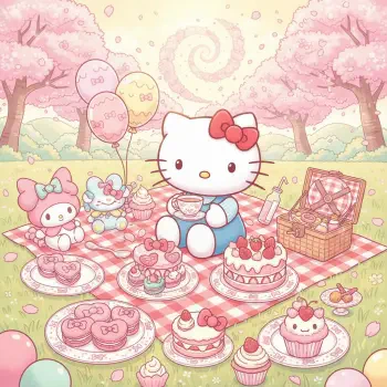 Forum avatar/pfp of Hello Kitty at a pastel cherry‑blossom picnic, seated on a pink blanket surrounded by cakes, cupcakes, balloons and a picnic basket.