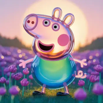 Bright 3D Peppa Pig forum avatar smiling in a tulip field at sunset, wearing a rainbow-reflective outfit and glowing with warm backlight.